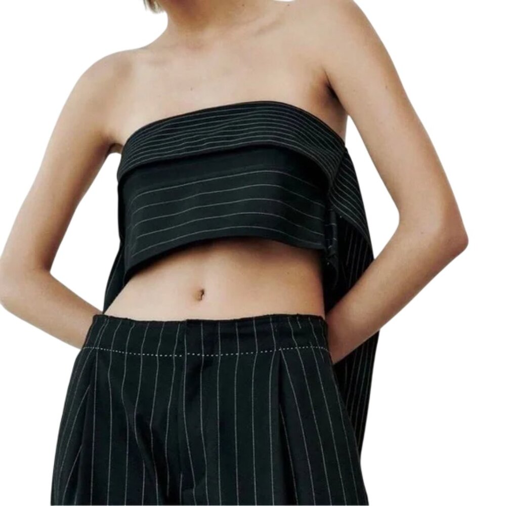 Zara black pinstripe strapless multi-position bandeau crop top size XS